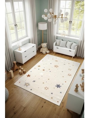Cotto Home Cotto Kids CK001R Krem Halı Renkli Yıldız Desen Kaymaz Taban Yumuşak Yıkanabilir Çocuk Odası Halısı