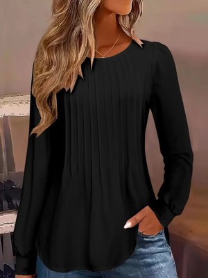 Aknbutik Kadın Uzun Kollu Yuvarlak Yaka Nervürlü Bluz