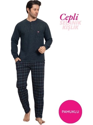 Guava Erkek Petrol Mavi 3 Düğmeli Göğüs Cepli Kışlık Pamuklu Selanik Kumaş Uzun Manşetli Kol Cepli Pijama Takım