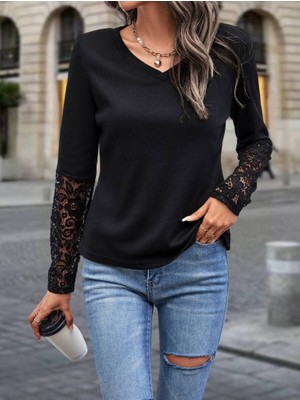 Gökyüzü Moda Kadın Uzun Kollu V Yakalı Dantelli Waffle Bluz