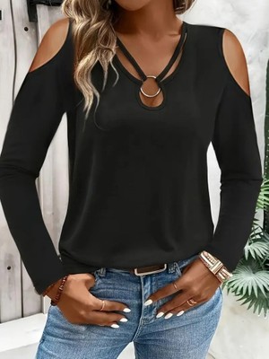 Arben Boutique Kadın Omuzlardan Açık Uzun Kollu Yakadan Halka Şerit Detaylı Viskon Bluz
