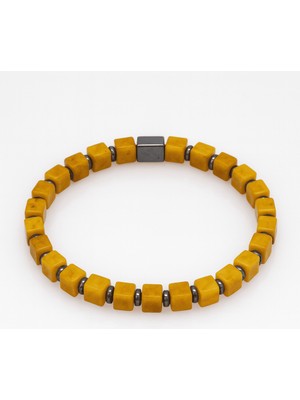 Tesbihane Hematit Doğaltaş Kombinli Küp Kesim Hardal Rengi Doğal Damla Kehribar Erkek Bileklik