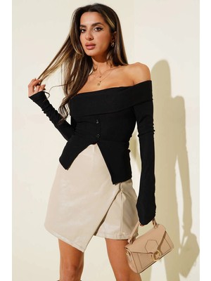 Zengezur Mall Matrixzn Madonna Yaka Düğmeli Bluz Siyah T4329 (beden: L)