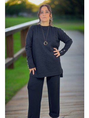 Yagmur Beren  Baklava Desenli Puantiyeli Taş Detaylı Tunik Beli Lastikli Pantolon Büyük Beden Merserize Takım