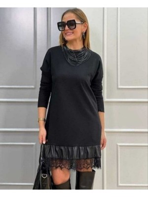 Passense Kadın Uzun Kollu Bisiklet Yaka Etek Ucu Deri Dantelli Viskon Iki Iplik Midi Elbise