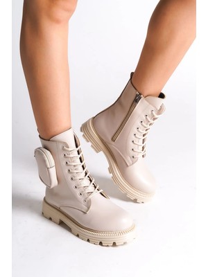 Joy Ayakkabı Gına Bağcıklı Fermuarlı Ortopedik Taban Çantalı Kadın Bot  Ckt - Krem