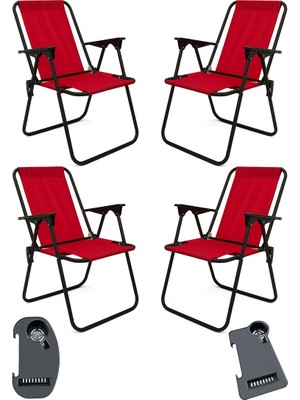 Moniev Litea 4 Adet Kamp Sandalyesi Katlanır Piknik Sandalye ve Bardaklık Kırmızı