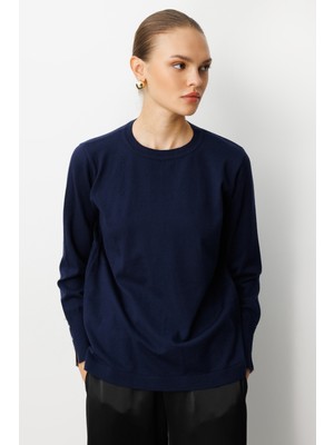 Mizalle Kol Düğmeli Lacivert Yuvarlak Yaka Ince Triko Kazak