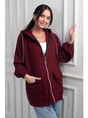 By Saygı Kadın Önü Fermurlı Torba Cepli Parlak Ip Detaylı Kapüşonlu Kaşe Hırka