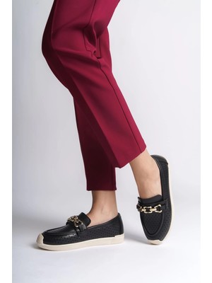 Joy Ayakkabı Layla Bağcıksız Ortopedik Rahat Taban Kalp Desenli Kadın Babet Ayakkabı Ckt - Siyah