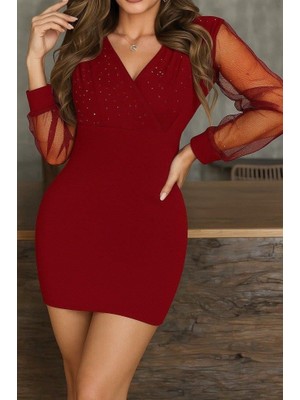 Mareandpanda Kadın Uzun Kollu Kruvaze Yakalı Taşlı Mini Ithal Krep Elbise