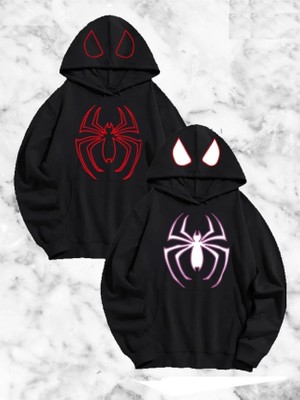 Martcini Örümcek Baskılı Sevgili Çift Kombini Kapüşonlu Sweatshirt - Hodie - Siyah