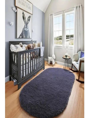 Kupon Halı Antrasit Oval Post Peluş Halı – Yumuşak Dokulu, Kaymaz Dot Taban, Antibakteriyel – Makinada Yıkanabilir Yolluk Halı