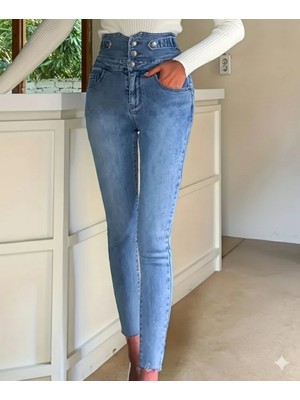 Arben Boutique Kadın Yüksek Bel Önden Düğmeli Cepli Dar Kesim Detaylı Kot Pantolon