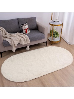 Kupon Halı Krem Oval Post Peluş Halı – Yumuşak Dokulu, Kaymaz Dot Taban, Antibakteriyel – Makinada Yıkanabilir Yolluk Halı