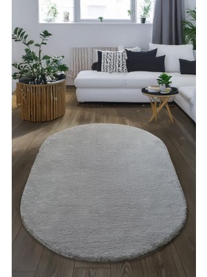 Kupon Halı Gri Oval Post Peluş Halı – Yumuşak Dokulu, Kaymaz Dot Taban, Antibakteriyel – Makinada Yıkanabilir Yolluk Halı