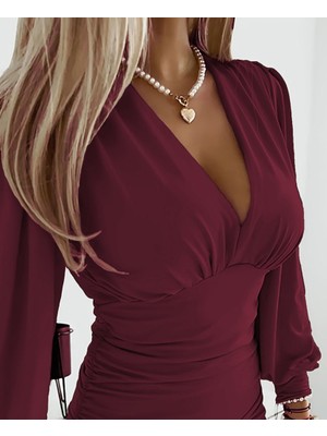 Nidam Butik Kadın Uzun Kollu Derin V Yakalı Önden Büzgülü Sandy Bluz