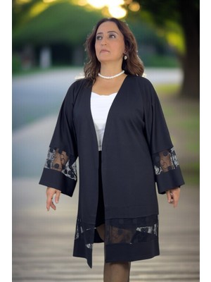 Yagmur Beren  Dantel Işleme Detaylı Truvakar Kol Büyük Beden Pamuklu Viskon Kapamasız Ceket