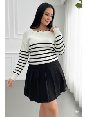 Aisha Elbise Kadın Beyaz Sırt Bağlama Detaylı Çizgi Desen Triko Bluz