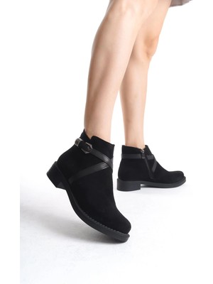 Joy Ayakkabı Almıla Fermuarlı Lastikli Ortopedik Taban Topuklu Süet Kadın Bot Sst - Siyah