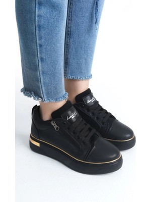 Joy Ayakkabı Dına Bağcıklı Fermuarlı Ortopedik Taban Kadın Sneaker Spor Ayakkabı  Cst - Siyah/altın