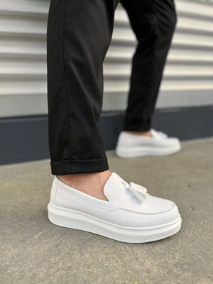 Joy Ayakkabı JY154 Blaze Bağcıksız Püsküllü Cilt Erkek Günlük Spor Klasik Ayakkabı Cbt - Beyaz