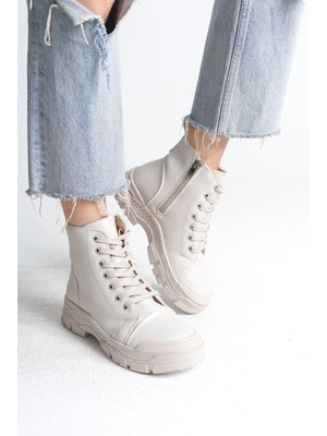 Joy Ayakkabı Bloom Bağcıklı Fermuarlı Ortopedik Taban Kadın Bot  Ckt - Krem