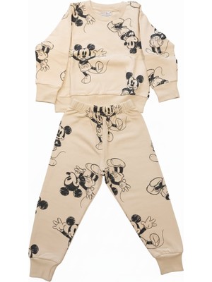 Kr Kids Butik Kr Kıds Unisex Çocuk 2’li Takım – Mickey Desenli Bej Sweatshirt ve Eşofman Altı (1-6 Yaş)