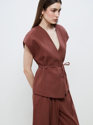 Soulife Kruvaze Yaka Keten Görünümlü Bluz