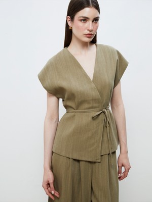 Soulife Kruvaze Yaka Keten Görünümlü Bluz