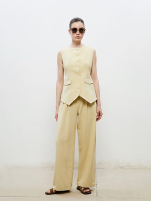 Soulife Standart Fit Keten Görünümlü Kadın Pileli Pantolon