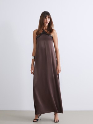 Soulife Halter Yaka Dantelli Saten Elbise