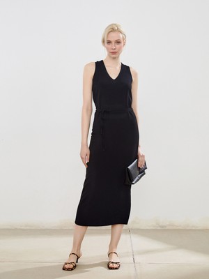 Soulife V Yaka Dokulu Kuşaklı Elbise