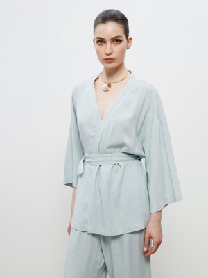 Soulife Şal Yaka Keten Karışımlı Kadın Kimono