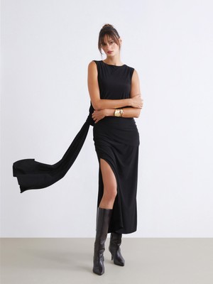 Soulife Bisiklet Yaka Büzgülü Yırtmaçlı Abiye Elbise