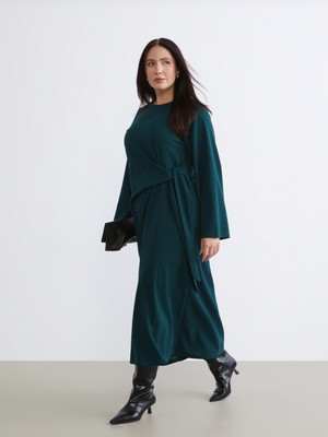 Soulife Büyük Beden Bisiklet Yaka Büzgülü Elbise