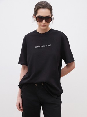 Soulife Bisiklet Yaka Baskılı Oversize Kadın Tişört