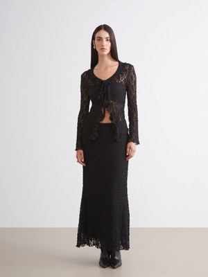 Soulife Bağlamalı Yaka Ajurlu Dantelli Kadın Hırka