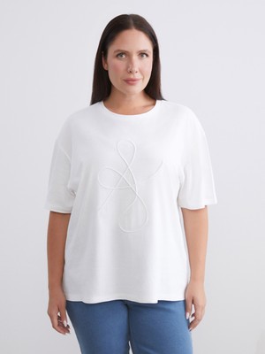 Soulife Büyük Beden Bisiklet Yaka Nakışlı Kadın Tişört