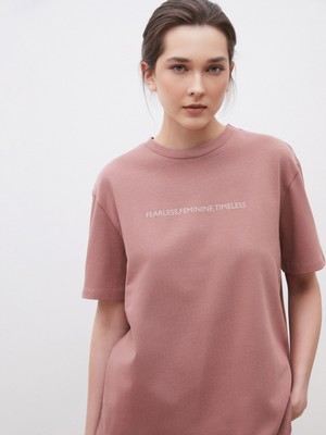 Soulife Bisiklet Yaka Baskılı Oversize Kadın Tişört