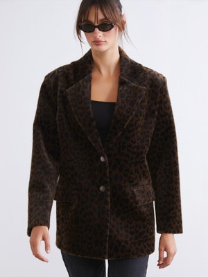 Soulife Leopar Desenli Kadın Kaşe Kaban