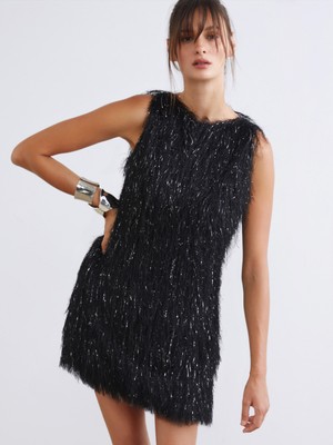 Soulife Bisiklet Yaka Tüylü Mini Triko Elbise