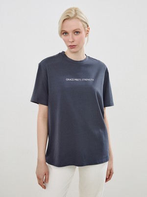 Soulife Bisiklet Yaka Baskılı Oversize Kadın Tişört