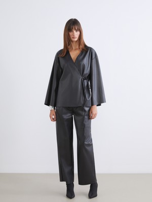 Soulife Beli Lastikli Deri Görünümlü Kadın Pantolon