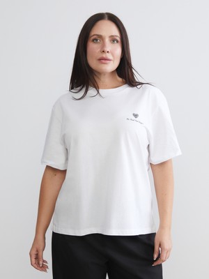 Soulife Büyük Beden Bisiklet Yaka Baskılı Kadın Tişört