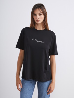 Soulife Bisiklet Yaka Slogan Baskılı Oversize Kadın Tişört