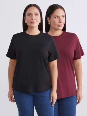 Soulife Büyük Beden Bisiklet Yaka Kadın Tişört 2'li