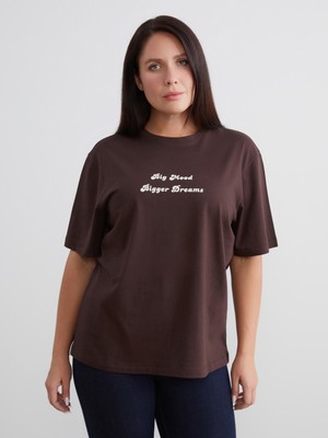 Soulife Büyük Beden Bisiklet Yaka Baskılı Kadın Tişört