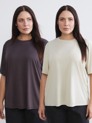 Soulife Büyük Beden Bisiklet Yaka Kadın Tişört 2'li