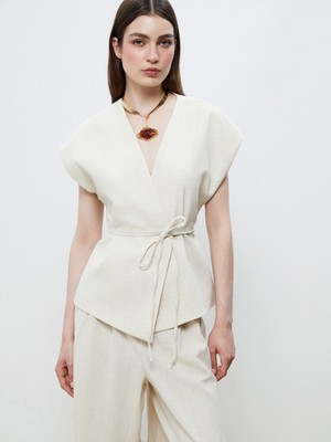 Soulife Kruvaze Yaka Keten Görünümlü Bluz